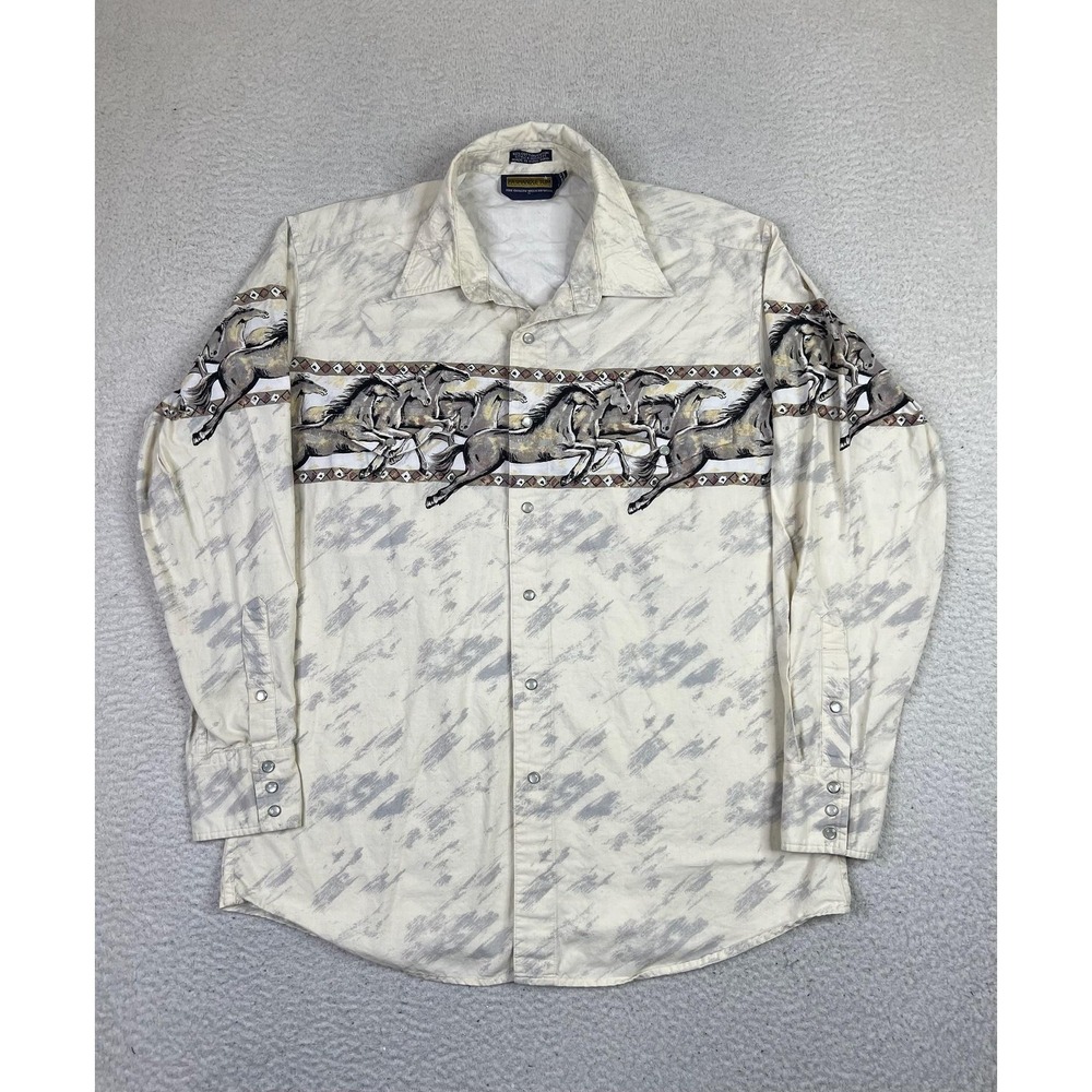 Vintage Panhandle Slim Shirt Mens Large White Western Pearl Snap Horse Print 90s